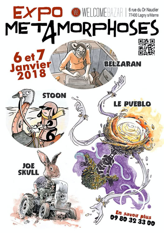 Exposition de dessins et de peintures du groupe "Met4morphoses" au Welcome Bazar en Janvier 2018 &agrave; Lagny sur marne avec Belzaran, JoeSkull et Le Pueblo.